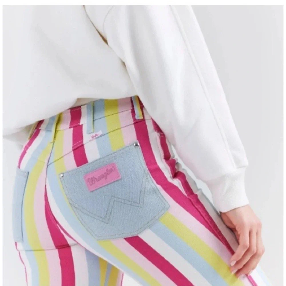 Wrangler Barbie Jeans Womens 29x31.5 Multicolor Striped Flare Denim Barbiecore - Picture 10 of 15